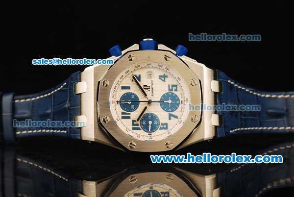 Audemars Piguet Royal Oak Offshore Chronograph Swiss Valjoux 7750 Automatic Movement Steel Case with Blue Markers and Blue Leather Strap - Click Image to Close